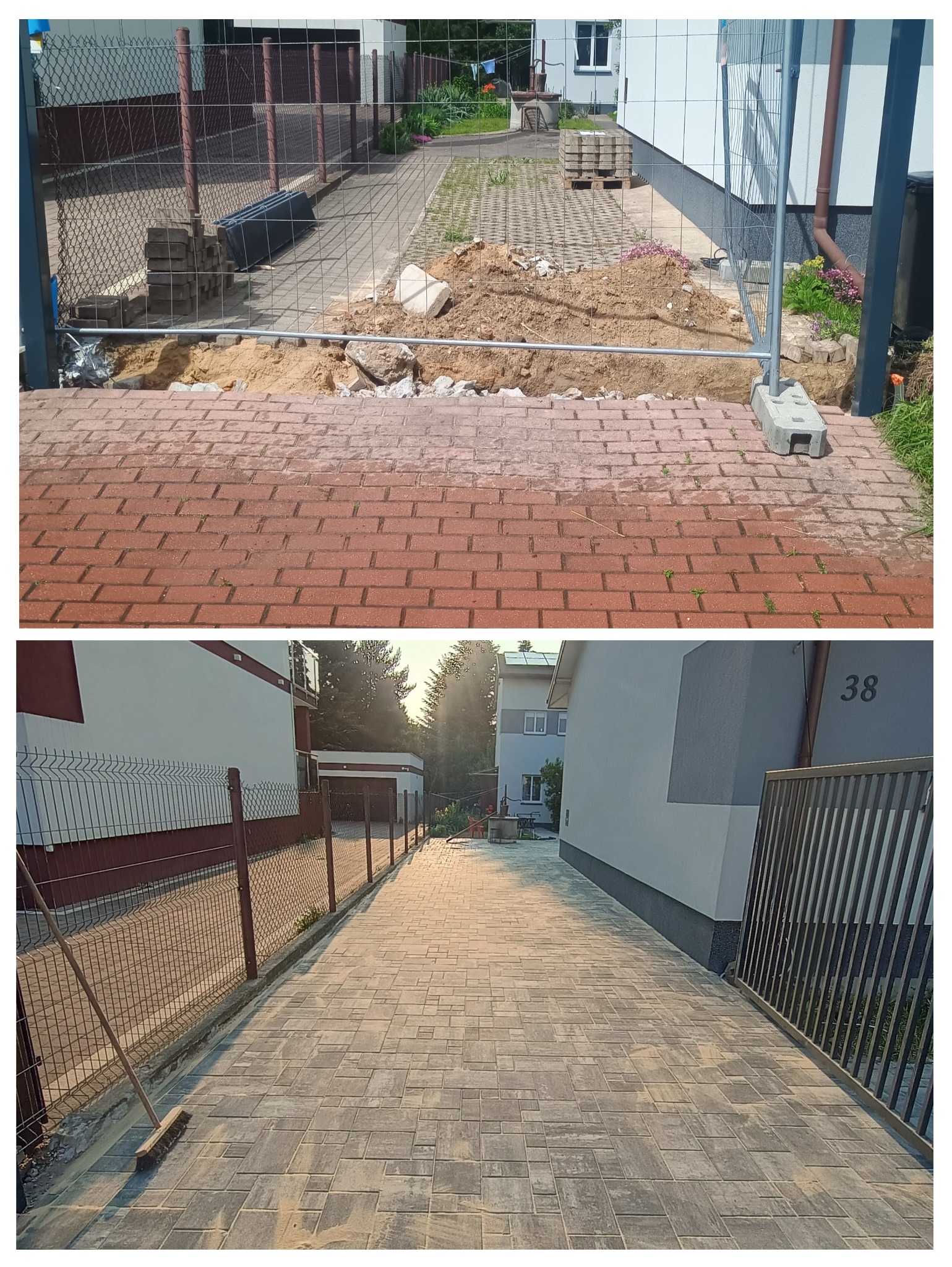 Układanie kostki brukowej: widok przed i po. Czerwona kostka przed pracami, szara po. Widoczne ogrodzenie i budynki w tle.