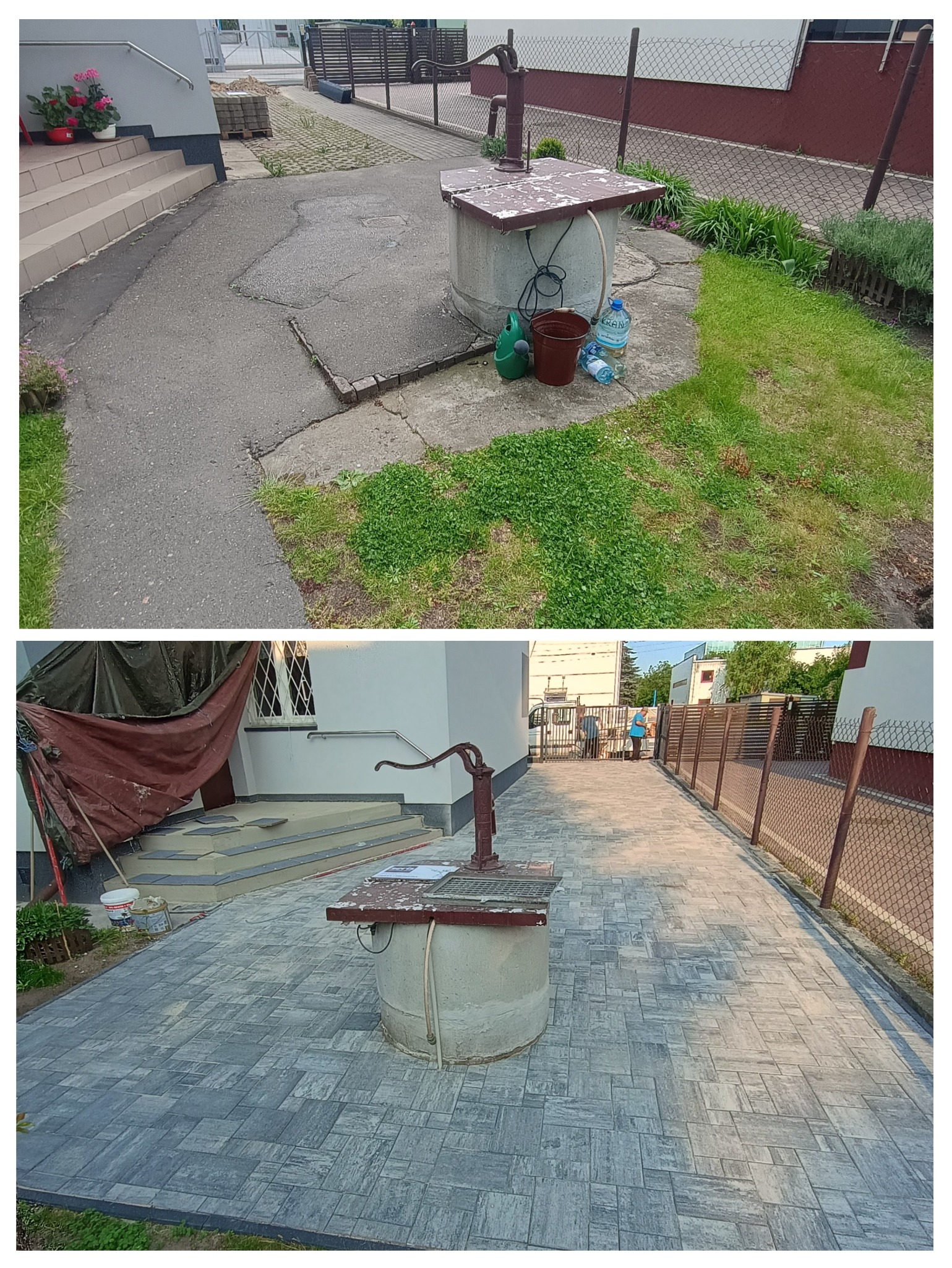 Porównanie terenu przed i po: stara nawierzchnia kontra nowa kostka brukowa wokół studni. Odnowione schody i brama w tle. Przemiana przestrzeni.
