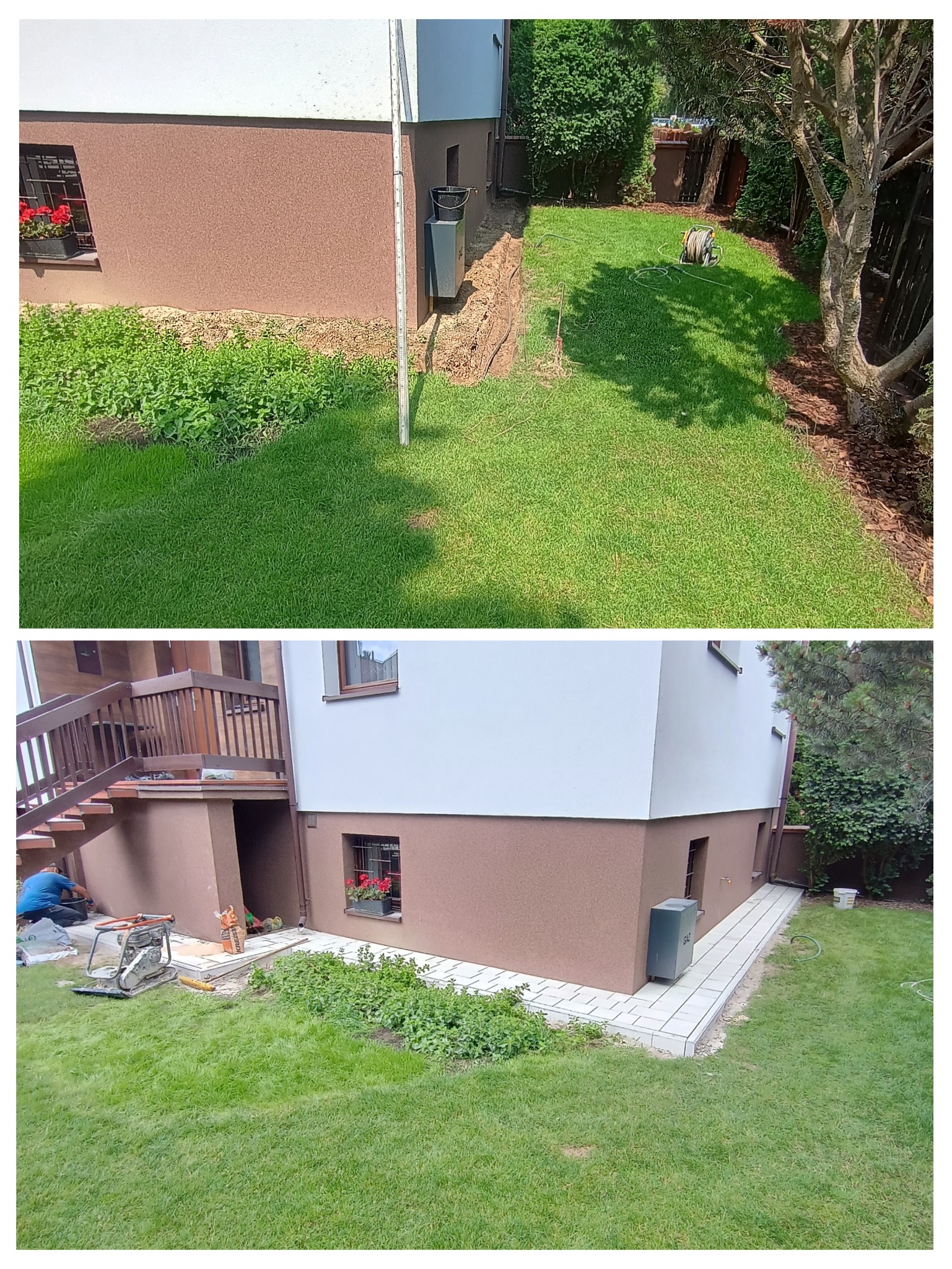 Zdjęcie 'przed i po' przedstawia układanie kostki brukowej wokół budynku. Widoczny wykop, narzędzia i kostka. Zmiana poziomu terenu i estetyka otoczenia.