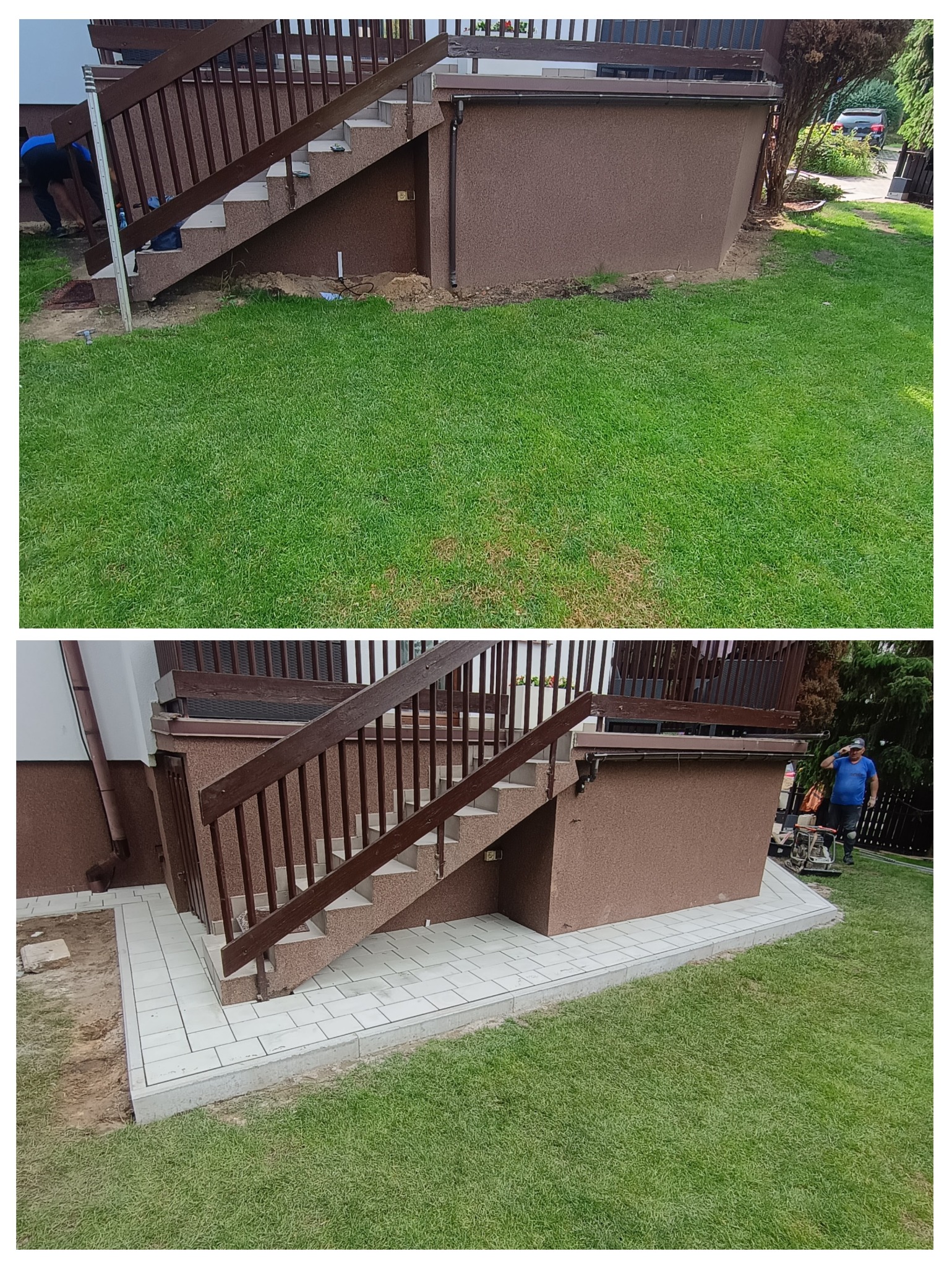 Zdjęcie 'przed i po' z układania jasnej kostki brukowej przy schodach zewnętrznych budynku. Widoczna zieleń trawnika i fragment osoby przy pracy.