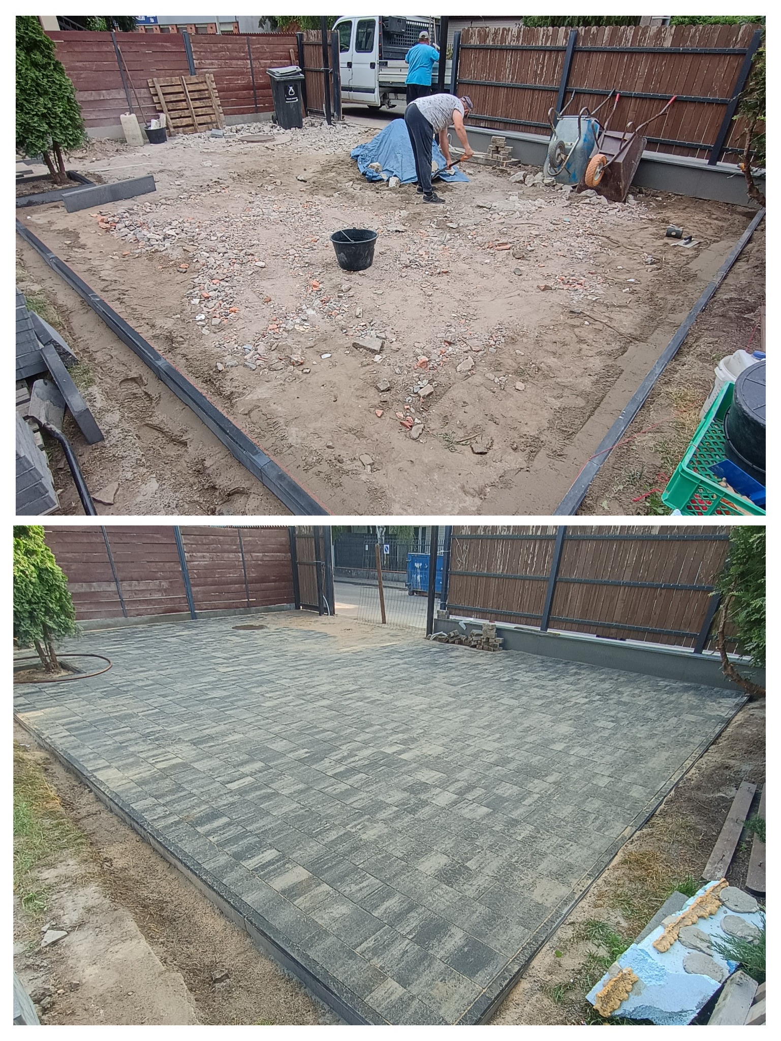 Układanie kostki brukowej: zdjęcie 'przed' z gruzem i 'po' z ułożoną szarą kostką. Widoczne obrzeża i fragmenty ogrodu.