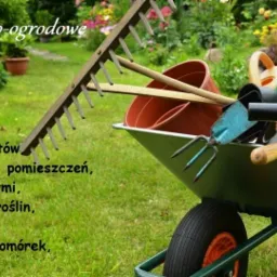 Taczka wypełniona narzędziami ogrodniczymi, takimi jak grabie, łopata i konewka, na tle zielonego trawnika i roślinności.