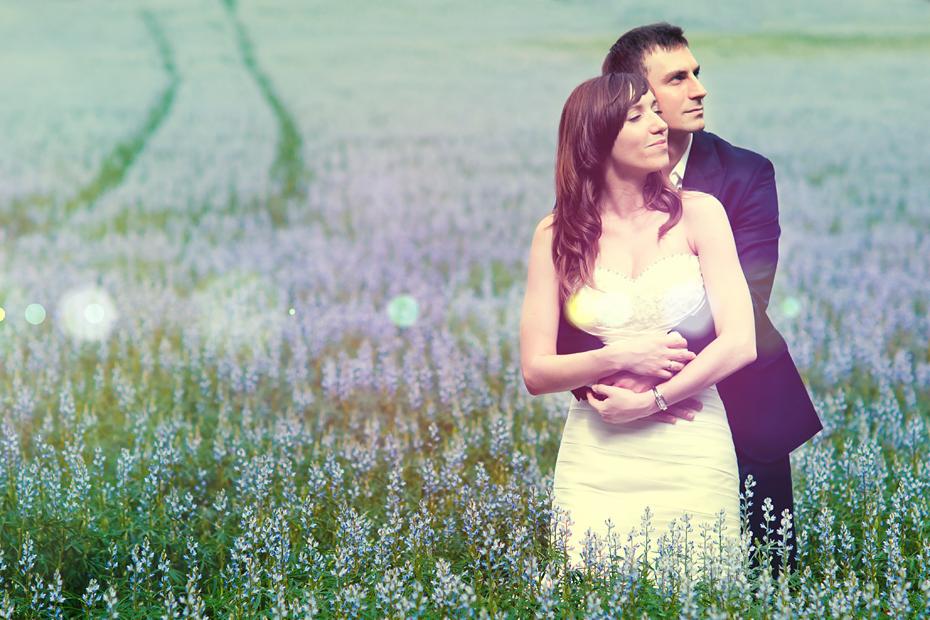 Para w objęciach na polu kwitnących łubinów, kobieta w sukni ślubnej bez ramiączek, mężczyzna w ciemnym garniturze, delikatne światło i rozmycie w tle.