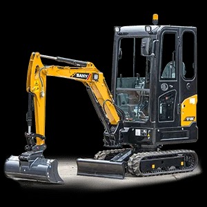 Mała koparka SANY SY18C w kolorze czarno-żółtym, widok z boku na czarnym tle, oświetlenie studyjne.