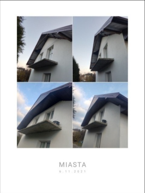 Cztery ujęcia narożnika domu z nowym, ciemnym dachem i betonowym balkonem, z datą 6.11.2021 i napisem MIASTA na dole.