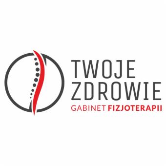 Logo gabinetu fizjoterapii: stylizowany kręgosłup w okręgu, obok napis 'Twoje Zdrowie' i 'Gabinet Fizjoterapii' w kolorze czerwonym.