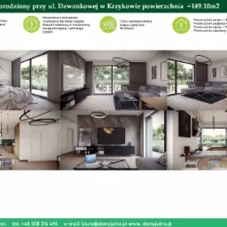 Wizualizacja wnętrz domu jednorodzinnego przy ul. Dzwonkowej w Krzykowicach o powierzchni 149.10m2, prezentująca sypialnię z dużym oknem, salon z narożnikiem i telewizorem, oraz kuchnię z jadalnią.