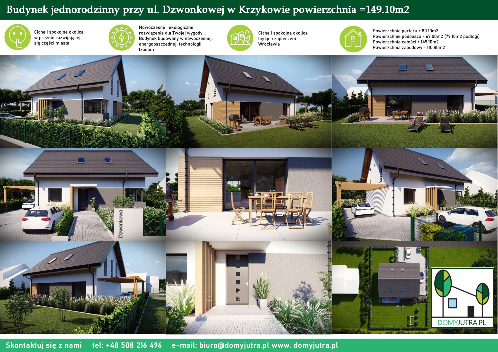 Wizualizacja projektu domu jednorodzinnego z ogrodem, prezentująca różne ujęcia budynku z zewnątrz, w tym elewację frontową, boczną z tarasem i widok z góry.