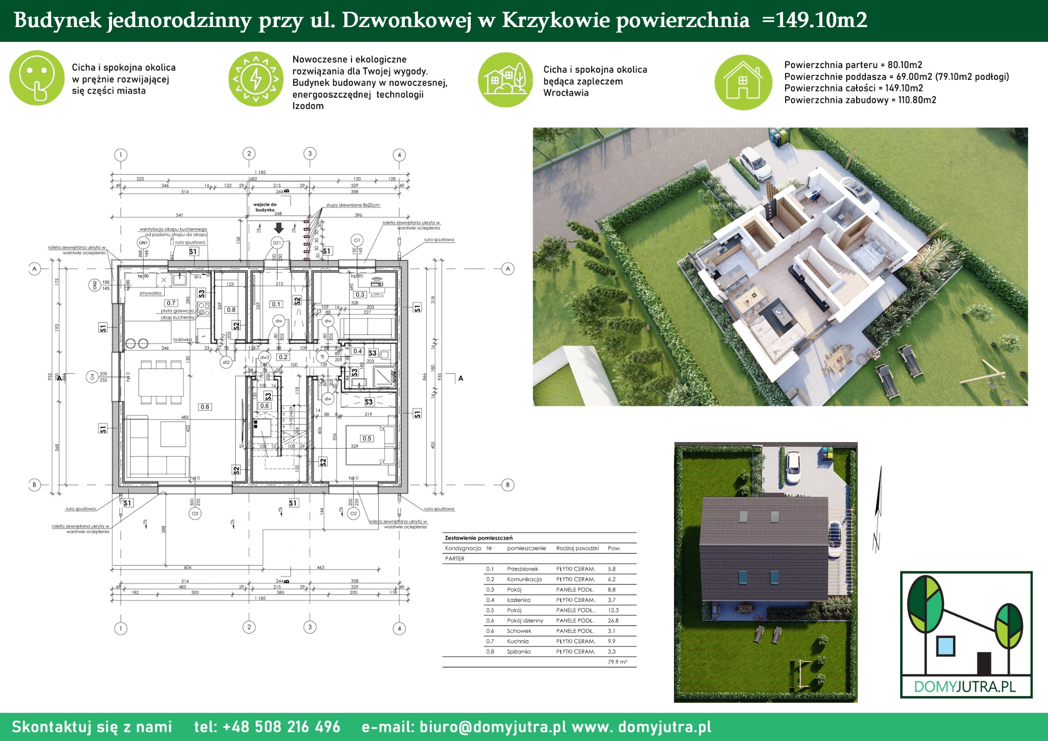 Projekt architektoniczny domu jednorodzinnego z wizualizacją 3D, widok z góry na układ pomieszczeń i bryłę budynku z ogrodem, uwzględniający wymiary i zestawienie powierzchni.