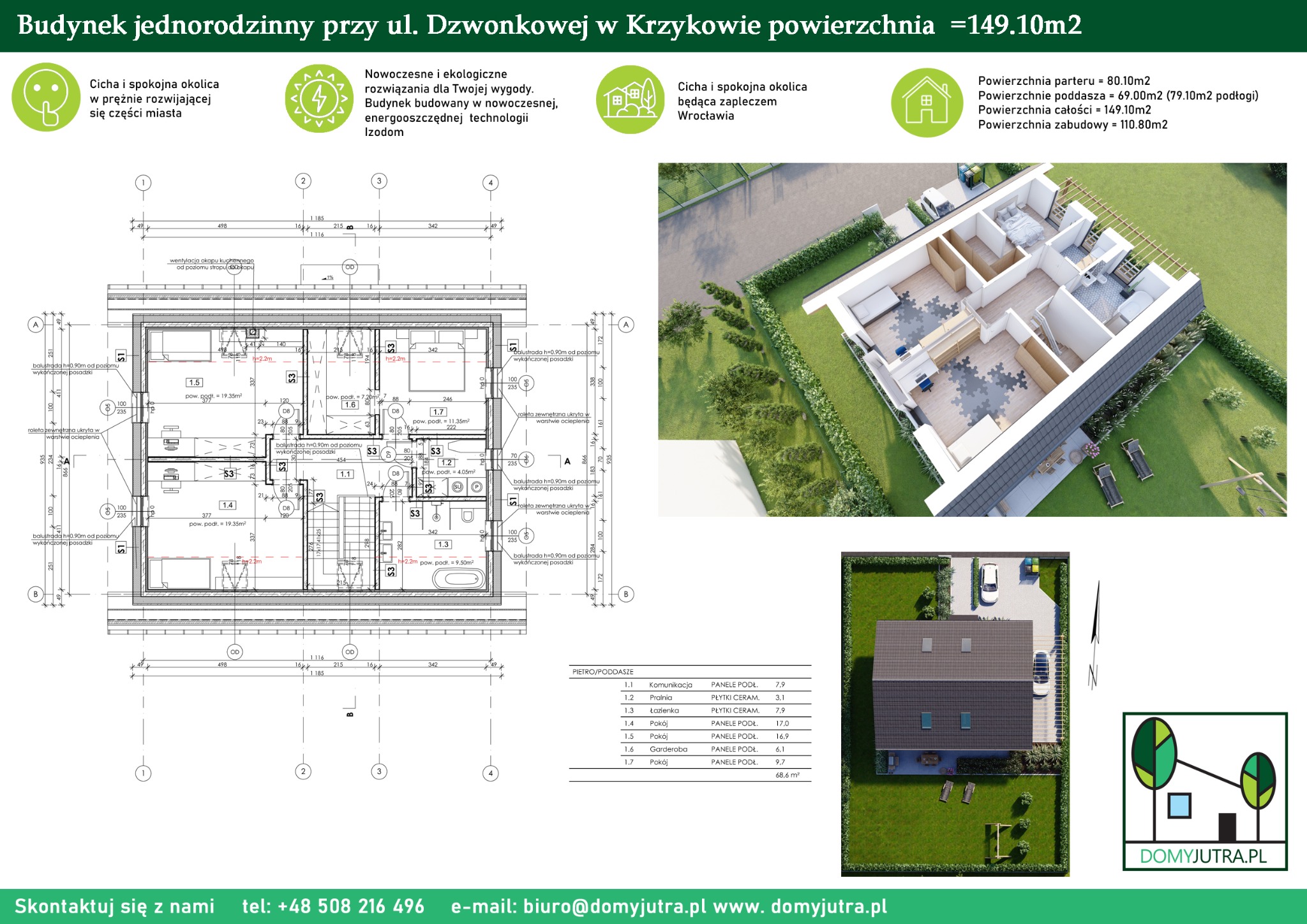 Rzut z góry i przekrój architektoniczny budynku jednorodzinnego z zaznaczonymi wymiarami, powierzchnią pomieszczeń i elementami wyposażenia, wizualizacja 3D wnętrza i otoczenia.