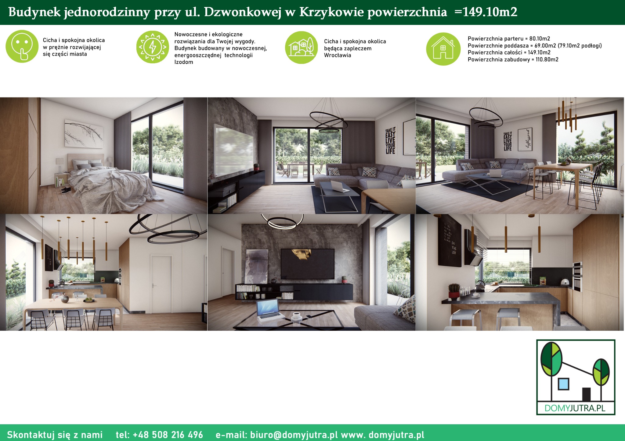 Wizualizacja wnętrz domu jednorodzinnego przy ul. Dzwonkowej w Krzykowicach o powierzchni 149.10m2, prezentująca sypialnię z dużym oknem, salon z narożnikiem i telewizorem, oraz kuchnię z jadalnią.