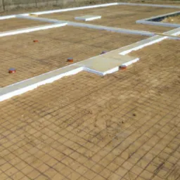 Przygotowany teren pod budowę z ułożoną siatką zbrojeniową i obrysem szalunków fundamentowych, widoczne wystające pionowe rury.