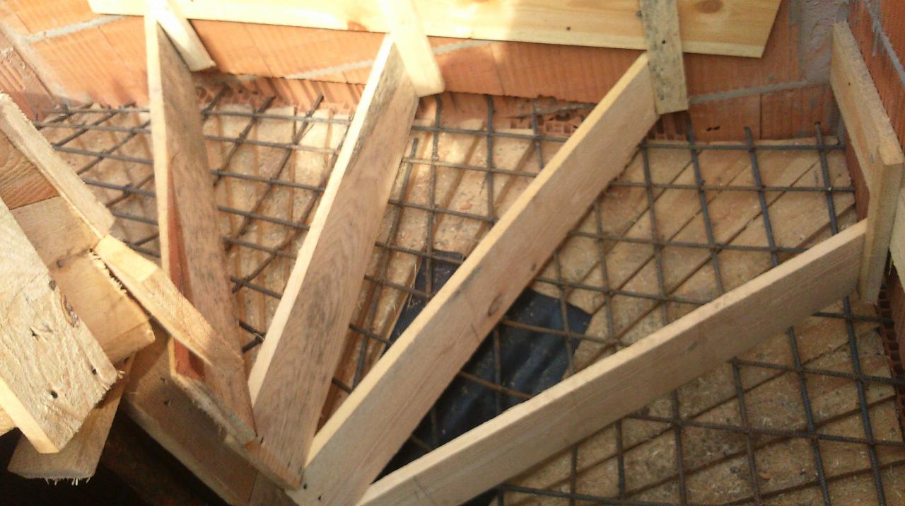 Zbrojenie schodów betonowych z deskowaniem w trakcie prac budowlanych wewnątrz budynku murowanego.