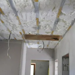 Poddasze z widoczną izolacją natryskową między belkami, fragment instalacji elektrycznej zwisający z sufitu, ściany w surowym stanie przed wykończeniem, widoczne otwory drzwiowe.