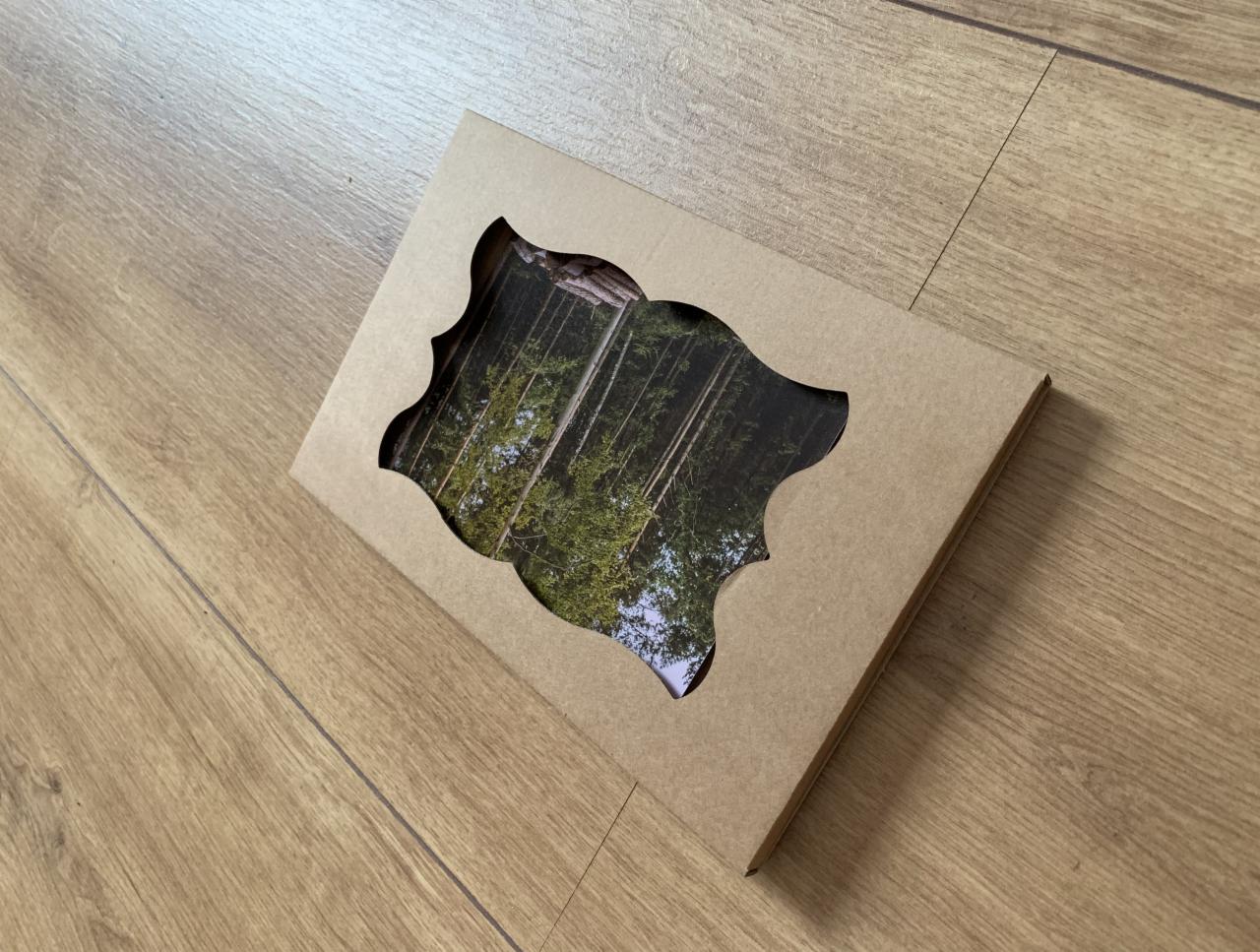 Kartonowe pudełko z wyciętym okienkiem w kształcie ozdobnego ornamentu, przez które widać zdjęcie lasu z wysokimi drzewami, leżące na drewnianej podłodze.