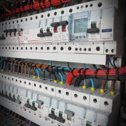 Rozdzielnia elektryczna z widocznymi bezpiecznikami, przewodami w różnych kolorach, starannie ułożonymi i spiętymi opaskami, oraz programatorem czasowym Legrand z wyświetlaczem.