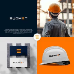Kolaż prezentujący logo firmy Budmet: pracownik w kasku na tle budowy, wizytówki z logo na tle tekstury betonu oraz biały kask z logo na pomarańczowym tle.