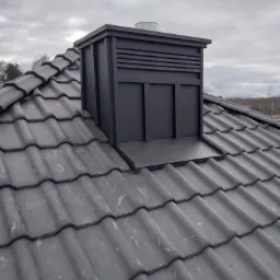 Szare dachówki ceramiczne z kominem wentylacyjnym w kształcie sześcianu, widoczne drzewa i słupy wysokiego napięcia w tle.