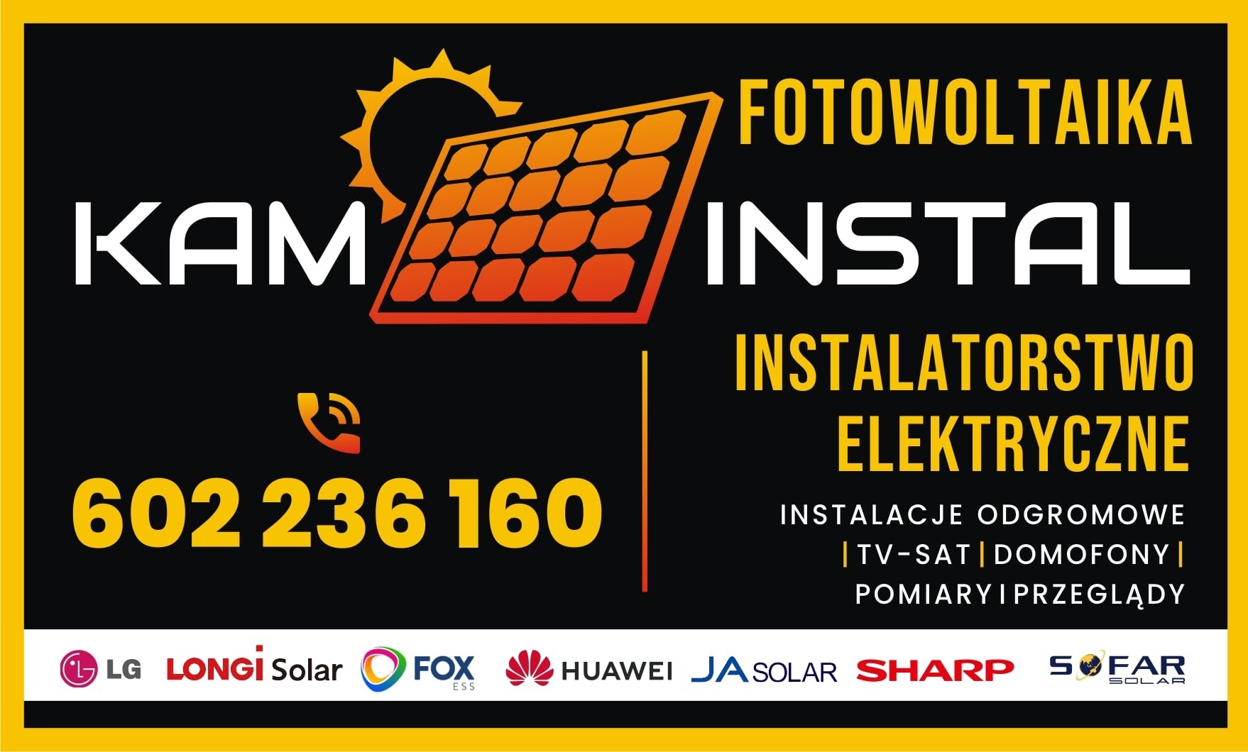 Grafika reklamowa: fotowoltaika, instalatorstwo elektryczne, instalacje odgromowe, domofony, pomiary. Panel solarny, logo firm LG, Longi, Fox, Huawei, JA Solar, Sharp, Sofar.