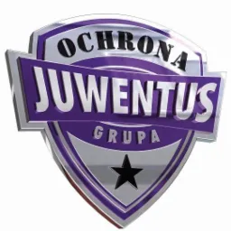 Logo firmy ochroniarskiej Juwentus Grupa w formie tarczy z czarną gwiazdą, srebrnymi elementami i fioletowym tłem.