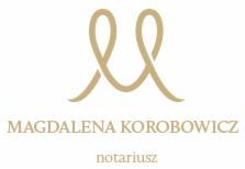 Złote, abstrakcyjne logo firmy Magdalena Korobowicz notariusz, na białym tle.