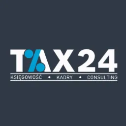 Logo firmy Tax24 na ciemnoszarym tle, z napisem 'TAX24' w kolorze białym, gdzie litera 'A' jest częściowo niebieska, a pod spodem napisy 'księgowość', 'kadry' i 'consulting' oddzielone kropkami.