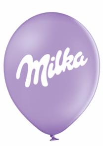 Fioletowy balon z białym napisem 'Milka' na środku.