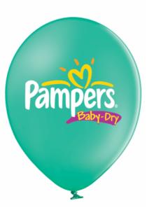 Turkusowy balon z logo Pampers Baby-Dry, z widocznym zawiązaniem u dołu.