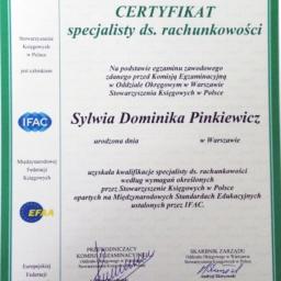 Certyfikat specjalisty ds. rachunkowości wydany przez Stowarzyszenie Księgowych w Polsce