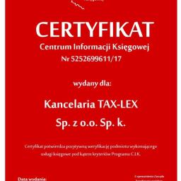 Certyfikat wydany dla Biura rachunkowego TAX-LEX wydany przez Centrum Informacji Księgowej 