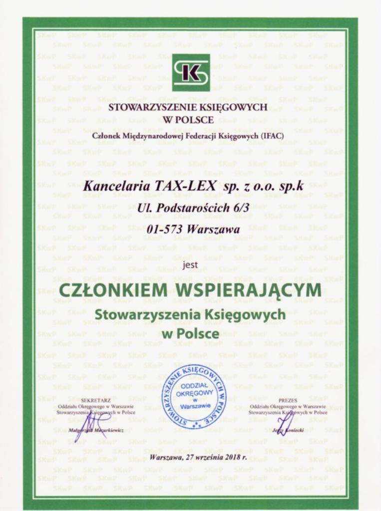 Potwierdzenie członkowstwa biura rachunkowego TAX-LEX w stowarzyszeniu Księgowych w Polsce