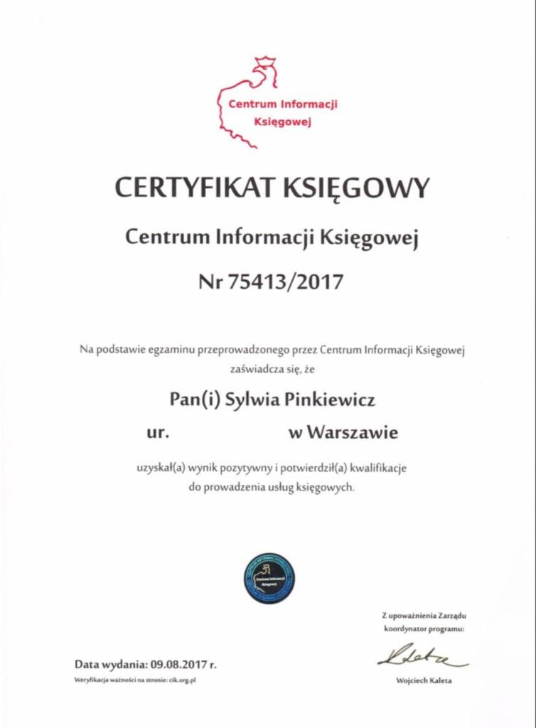 Certyfikat Księgowy dla Biura księgowego TAX-LEX wydany przez Centrum Informacji Księgowej