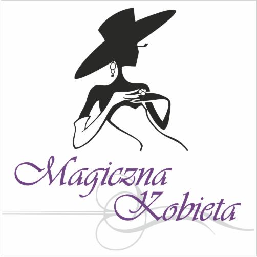 Elegancka sylwetka kobiety w kapeluszu i z biżuterią, logo firmy 'Magiczna Kobieta' w kolorze fioletowym.