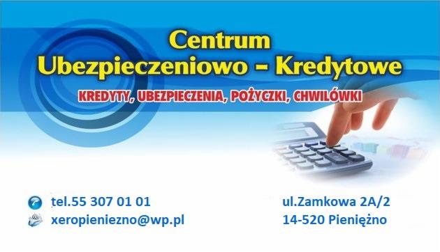 Grafika reklamowa centrum ubezpieczeniowo-kredytowego z hasłem 'Kredyty, ubezpieczenia, pożyczki, chwilówki', dłoń naciska kalkulator, widoczne dane kontaktowe firmy.