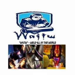 Kolaż zdjęć: logo firmy z motywem spawania, zbliżenia spawów oraz osoba w masce spawalniczej podczas pracy.