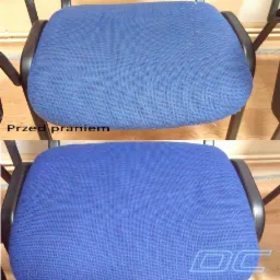 Kolaż dwóch ujęć siedziska krzesła biurowego z niebieską tapicerką, widoczne różnice w czystości przed i po usłudze czyszczenia, tekst 'Przed praniem' i 'Po praniu'.