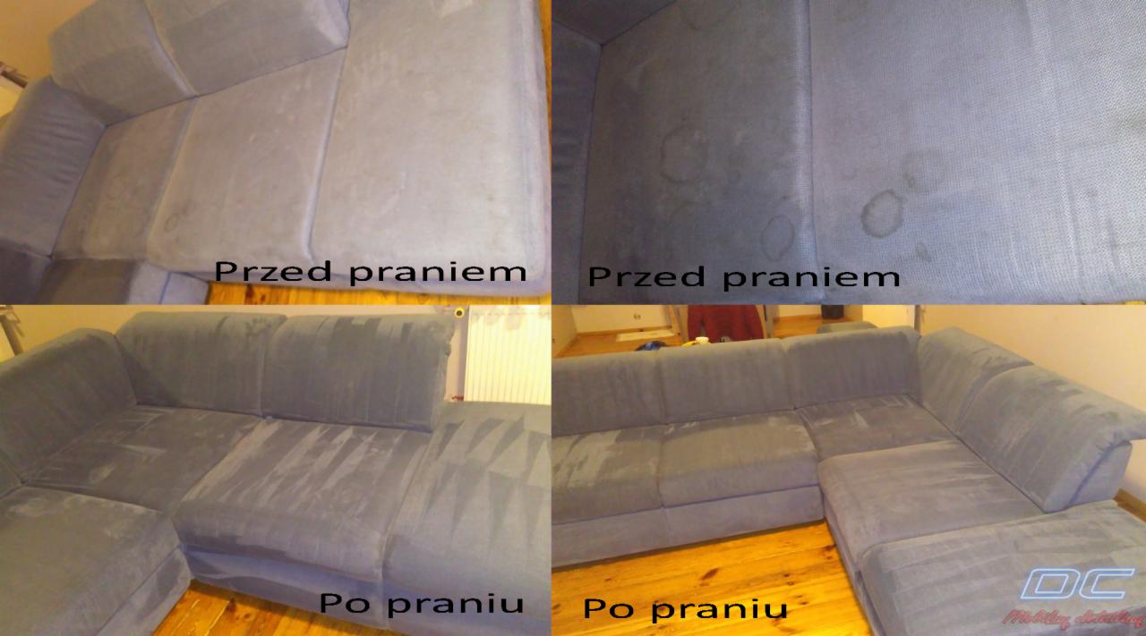 Czteropanelowe porównanie narożnika tapicerowanego: górne dwa panele pokazują plamy przed praniem, dolne dwa panele prezentują narożnik po profesjonalnym czyszczeniu, widoczne różnice w odcieniu...