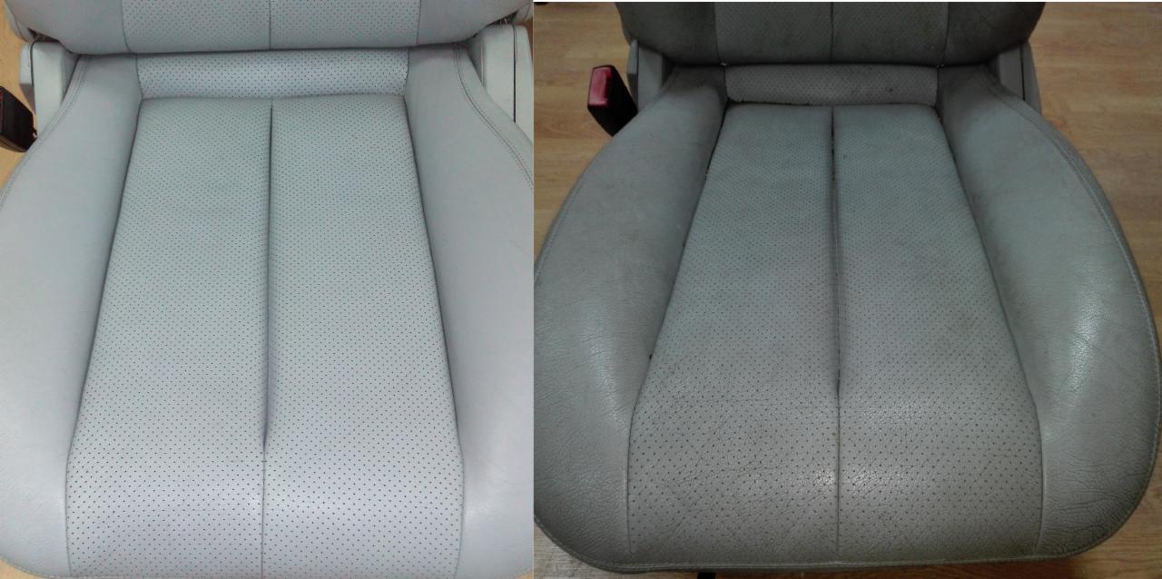 Porównanie: skórzane siedzenie samochodowe po lewej stronie po czyszczeniu, po prawej przed czyszczeniem, widoczne różnice w odcieniu i czystości perforowanej skóry.