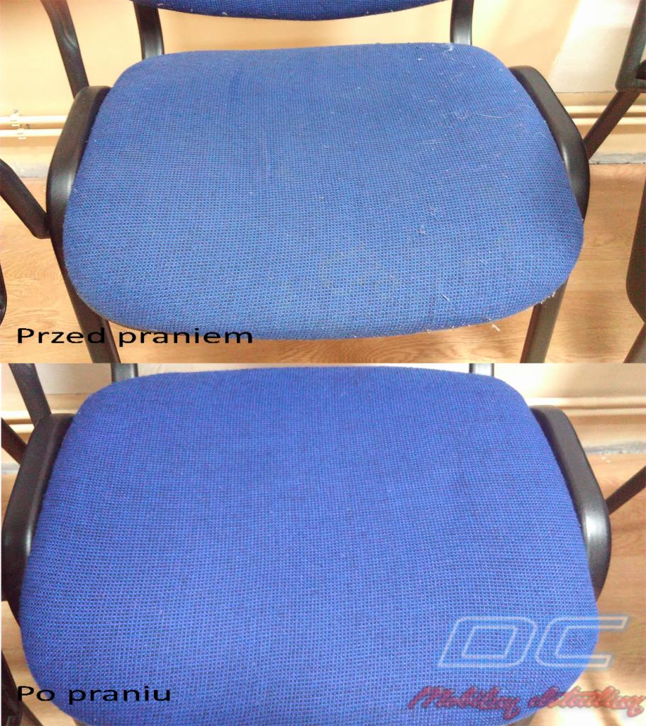 Kolaż dwóch ujęć siedziska krzesła biurowego z niebieską tapicerką, widoczne różnice w czystości przed i po usłudze czyszczenia, tekst 'Przed praniem' i 'Po praniu'.