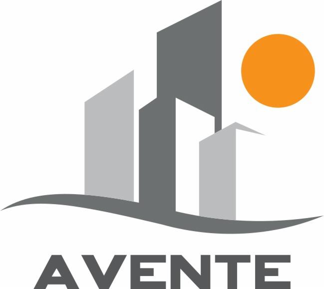 Logo firmy Avente przedstawiające trzy szare, geometryczne budynki pod pomarańczowym słońcem.