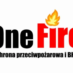 Logo firmy One Fire z płomieniem, oferującej ochronę przeciwpożarową i usługi BHP.