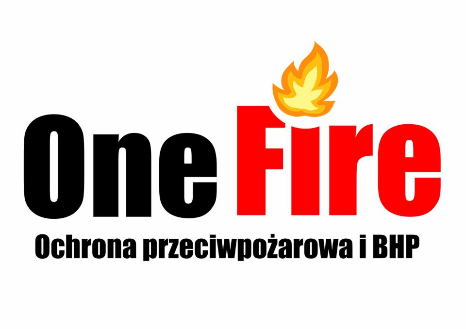 Logo firmy One Fire z płomieniem, oferującej ochronę przeciwpożarową i usługi BHP.