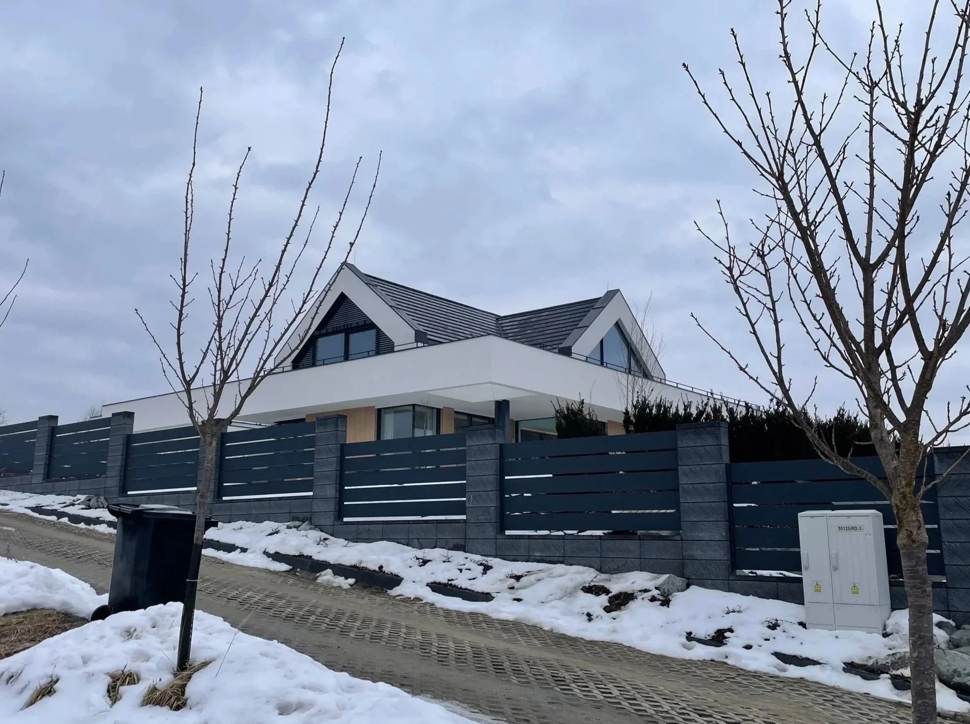 Nowoczesny dom jednorodzinny z płaskim dachem i dużymi oknami, otoczony grafitowym ogrodzeniem panelowym. Zima, śnieg na podjeździe i drzewa bez liści.