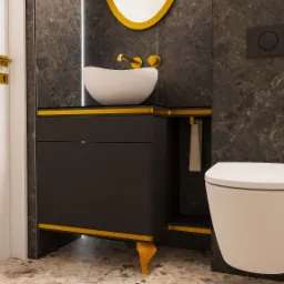 Elegancka łazienka z umywalką nablatową w kształcie misy, czarną szafką z złotymi akcentami, okrągłym lustrem z podświetleniem i wiszącą toaletą na tle marmurowej ściany.