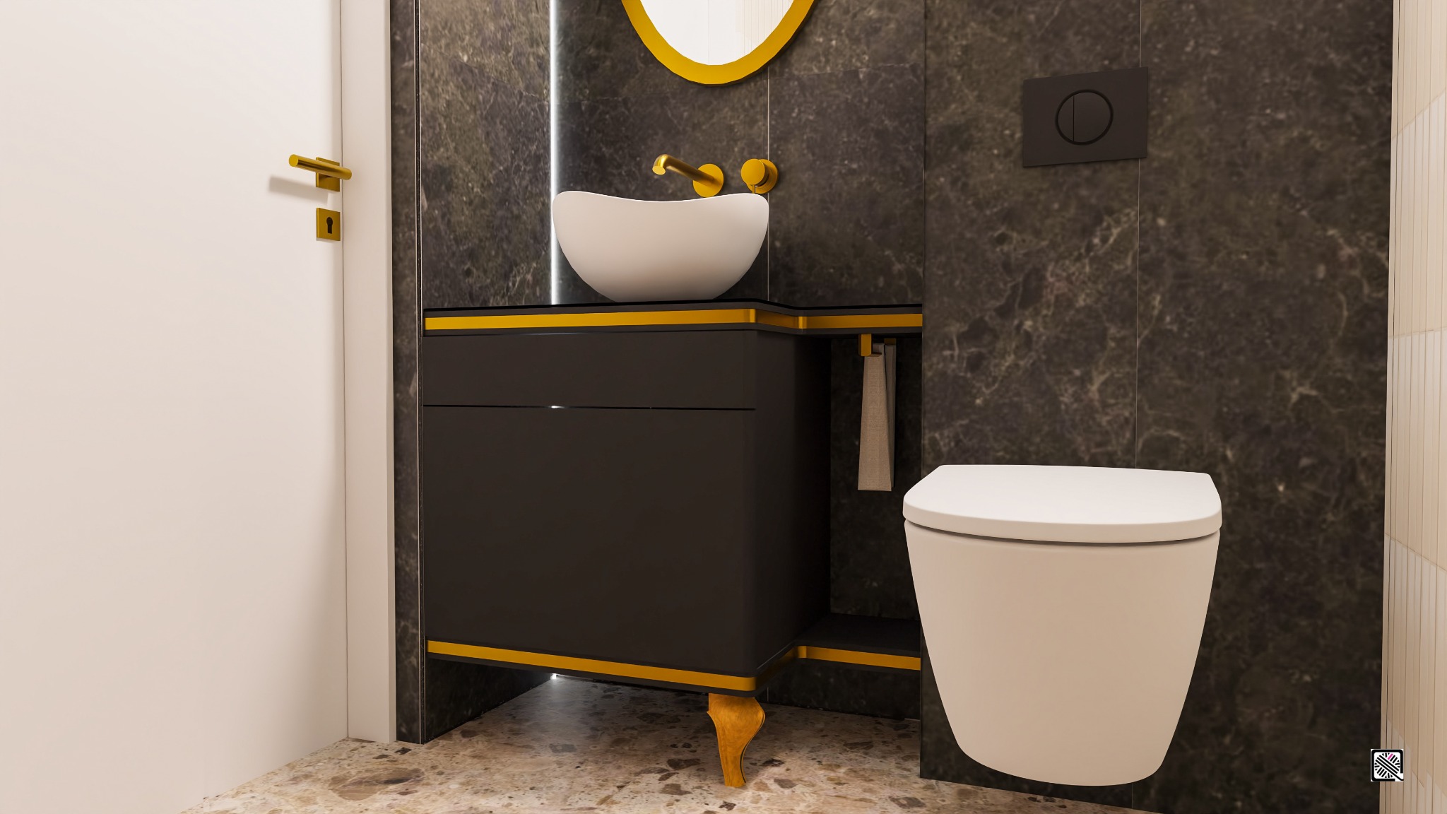 Elegancka łazienka z umywalką nablatową w kształcie misy, czarną szafką z złotymi akcentami, okrągłym lustrem z podświetleniem i wiszącą toaletą na tle marmurowej ściany.