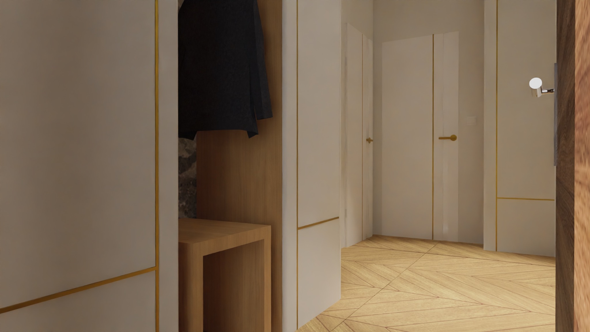 Wnętrze przedpokoju z szafą wnękową z drewnianym siedziskiem, parkietem w jodełkę i białymi drzwiami z złotymi akcentami.