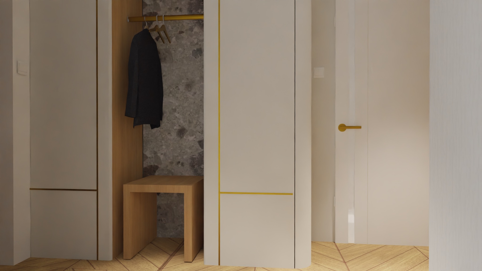 Minimalistyczny przedpokój z szafą wnękową, drewnianym siedziskiem i czarnym płaszczem wiszącym na złotym wieszaku na tle ściany imitującej marmur.