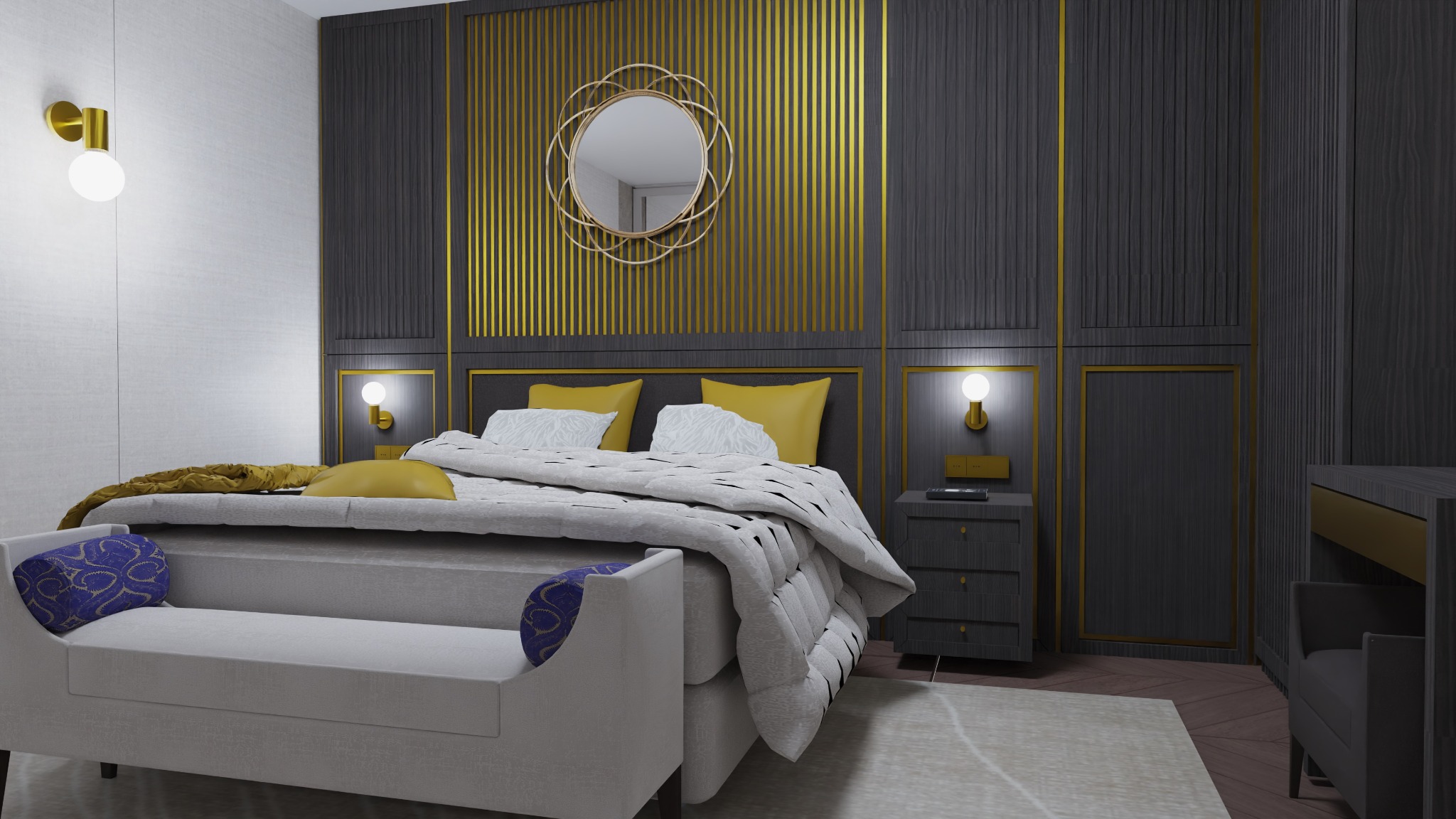 Elegancka sypialnia w odcieniach szarości i złota, z łóżkiem typu king-size, pikowanym zagłówkiem, okrągłym lustrem nad łóżkiem i minimalistycznymi lampami ściennymi.