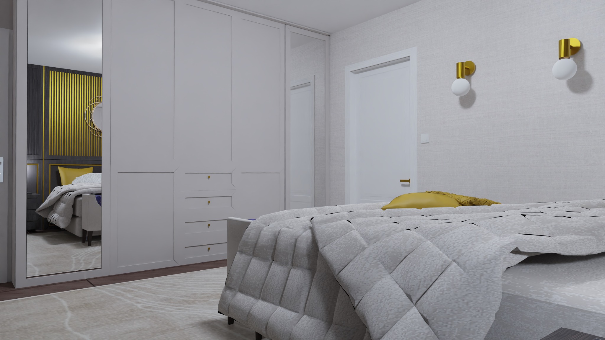 Nowoczesna sypialnia w odcieniach szarości z akcentami złota: duże lustro wbudowane w szafę odbija fragment pokoju z dekoracyjną ścianą w złote pionowe pasy i okrągłym lustrem, łóżko z pikowaną...