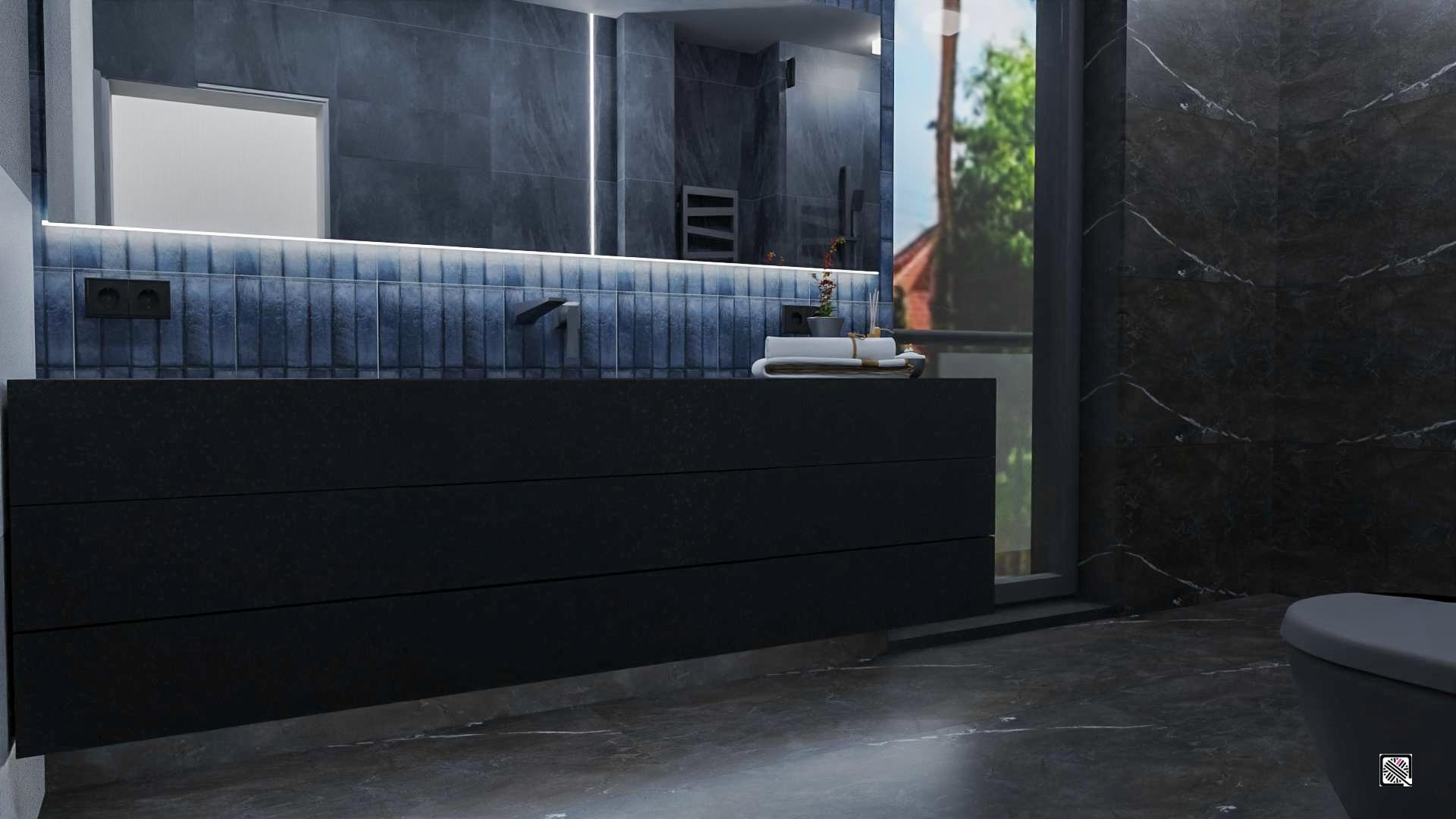 Nowoczesna łazienka z czarnymi płytkami imitującymi marmur, podświetlanym lustrem nad umywalką z ciemnymi szafkami i widokiem na zieleń za oknem.